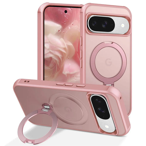 For Google Pixel 9 / 9 Pro Magnetic Case Kickstand TPU PC Shockproof Phone Back Cover - Pink - 1