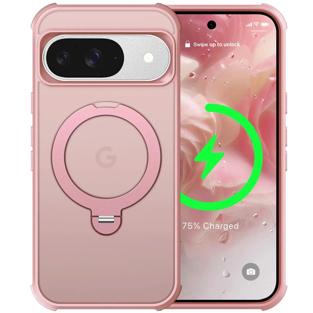 For Google Pixel 9 / 9 Pro Magnetic Case Kickstand TPU PC Shockproof Phone Back Cover - Pink - 2