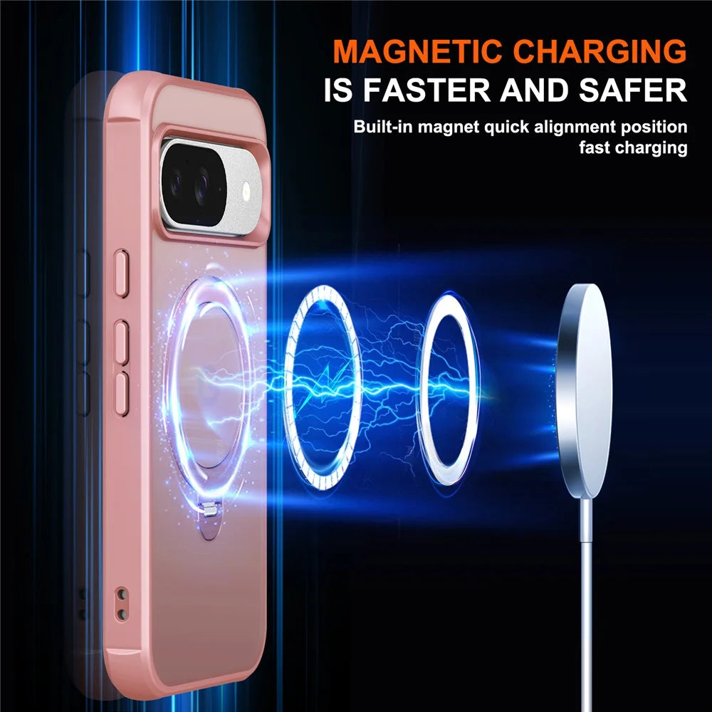 For Google Pixel 9 / 9 Pro Magnetic Case Kickstand TPU PC Shockproof Phone Back Cover - Pink - 3