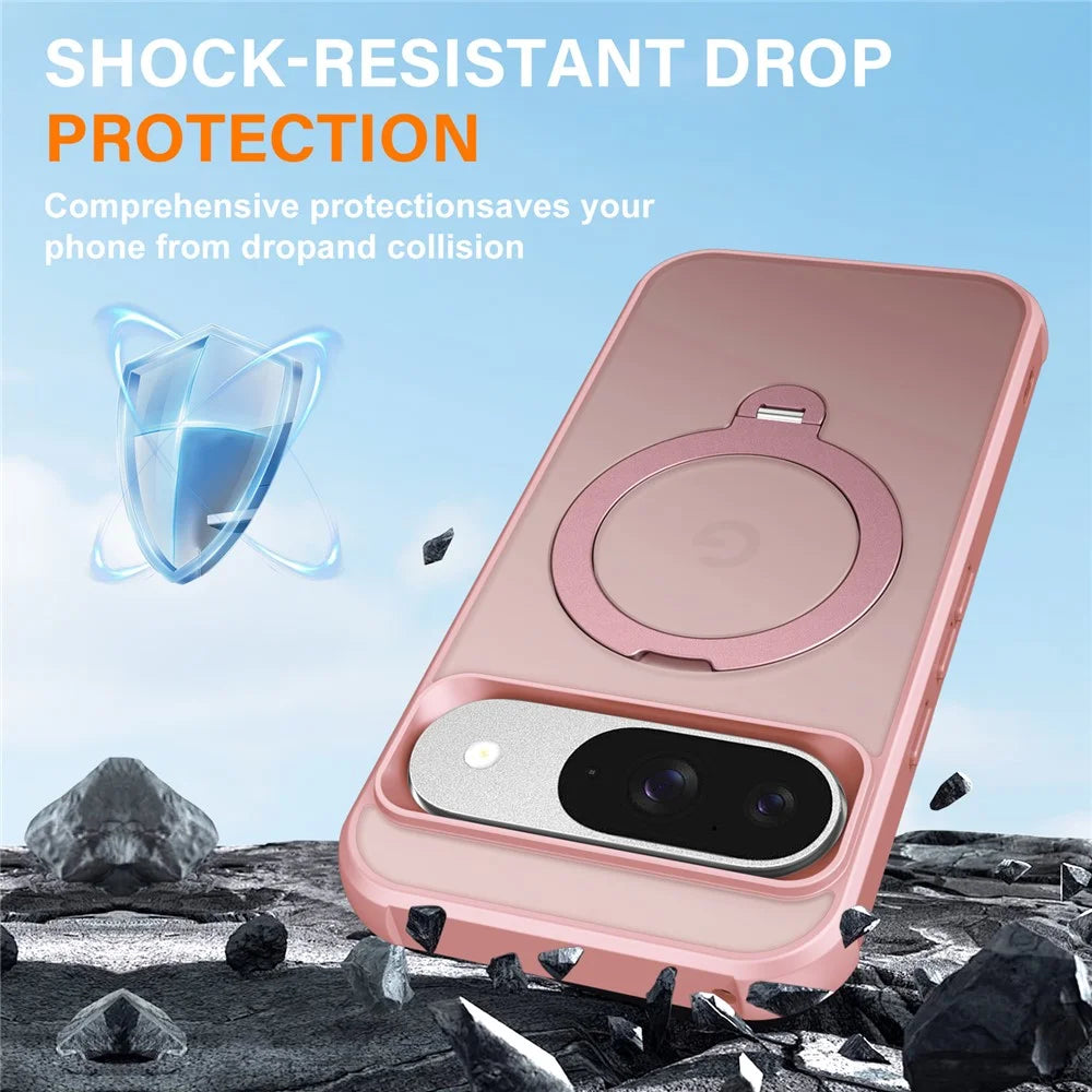 For Google Pixel 9 / 9 Pro Magnetic Case Kickstand TPU PC Shockproof Phone Back Cover - Pink - 4