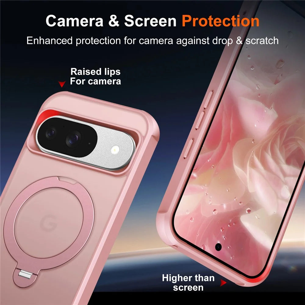 For Google Pixel 9 / 9 Pro Magnetic Case Kickstand TPU PC Shockproof Phone Back Cover - Pink - 6