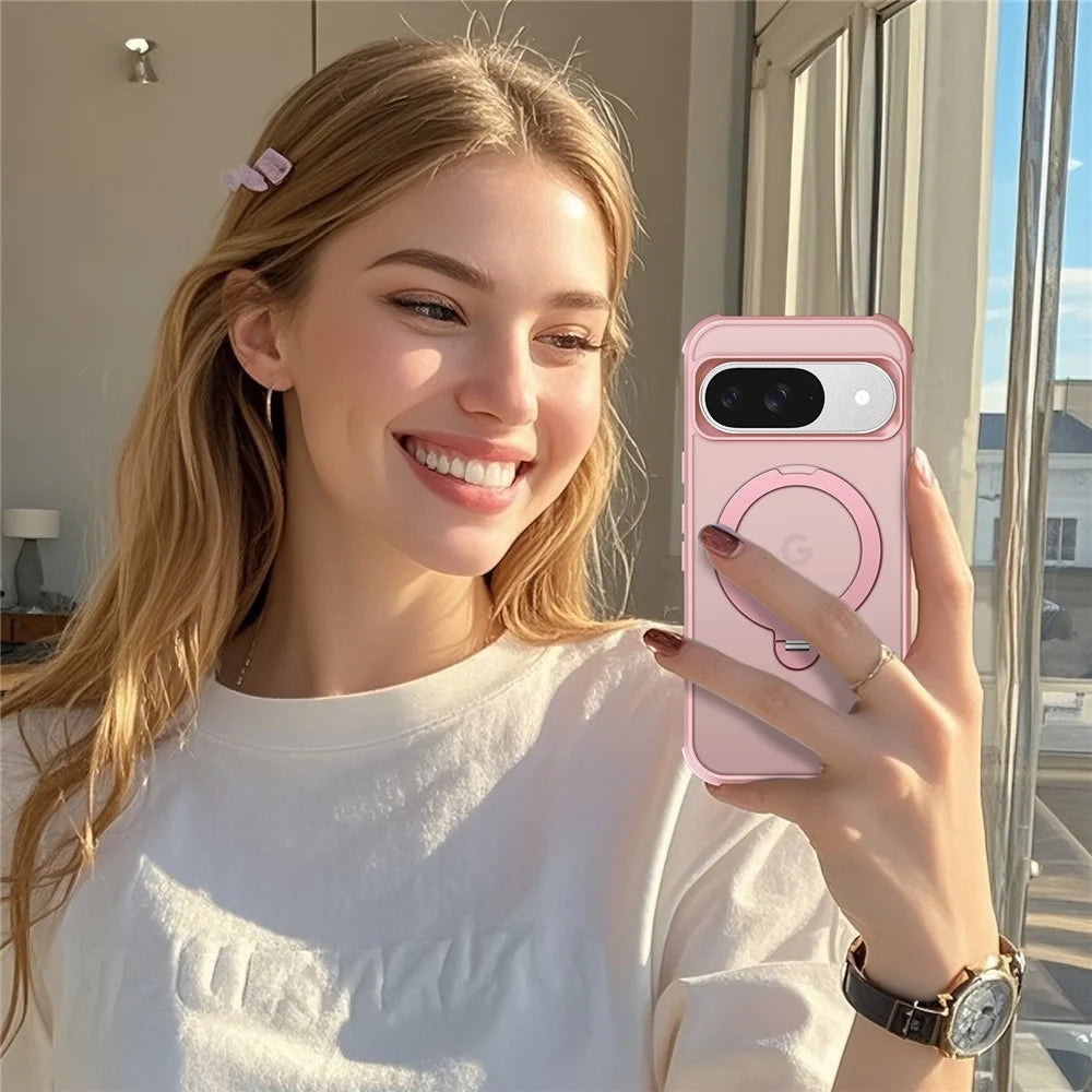 For Google Pixel 9 / 9 Pro Magnetic Case Kickstand TPU PC Shockproof Phone Back Cover - Pink - 7