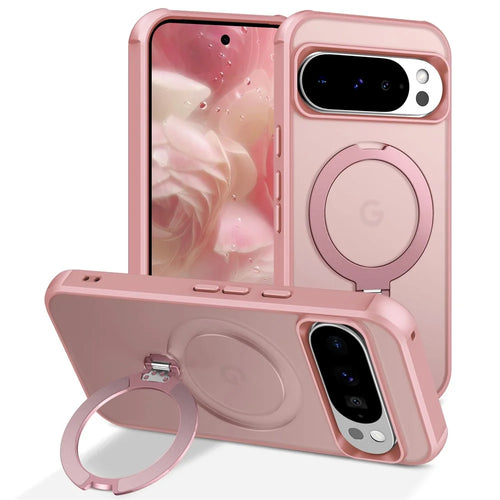 For Google Pixel 9 Pro XL Magnetic Case Kickstand TPU PC Shockproof Phone Back Cover - Pink - 1