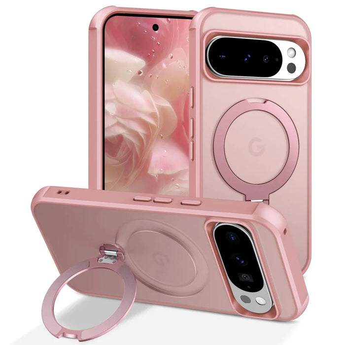 For Google Pixel 9 Pro XL Magnetic Case Kickstand TPU PC Shockproof Phone Back Cover - Pink - 1