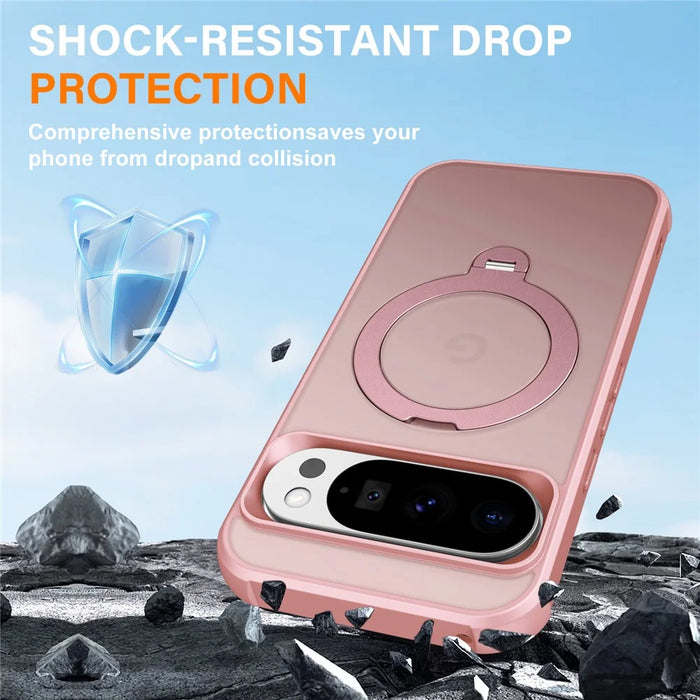 For Google Pixel 9 Pro XL Magnetic Case Kickstand TPU PC Shockproof Phone Back Cover - Pink - 4
