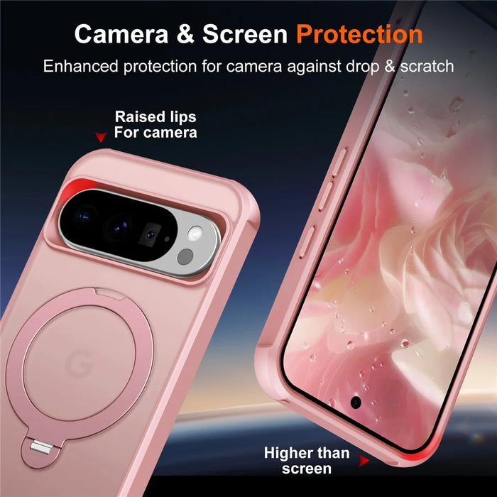 For Google Pixel 9 Pro XL Magnetic Case Kickstand TPU PC Shockproof Phone Back Cover - Pink - 6