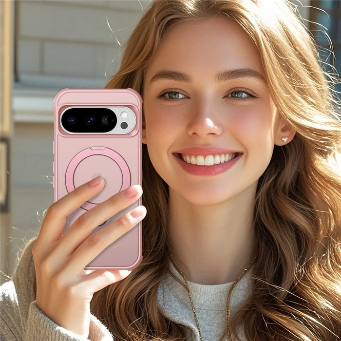 For Google Pixel 9 Pro XL Magnetic Case Kickstand TPU PC Shockproof Phone Back Cover - Pink - 7