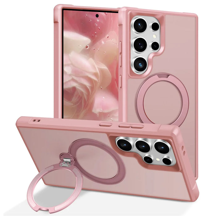 For Samsung Galaxy S24 Ultra Magnetic Case Kickstand TPU PC Shockproof Phone Back Cover - Pink - 1