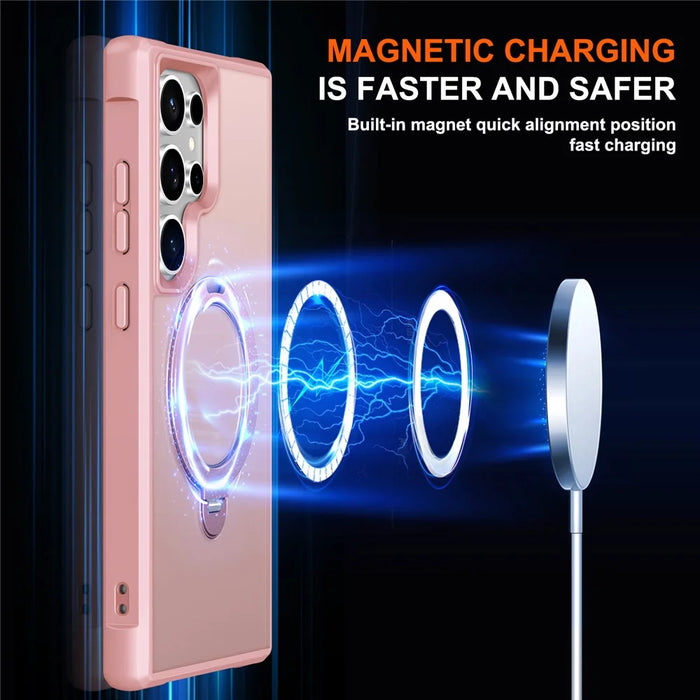 For Samsung Galaxy S24 Ultra Magnetic Case Kickstand TPU PC Shockproof Phone Back Cover - Pink - 3
