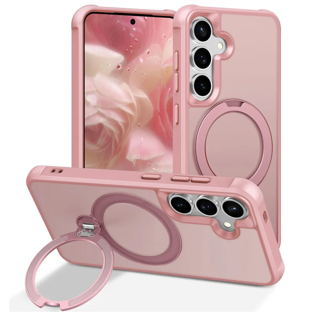 For Samsung Galaxy S25 Magnetic Case Kickstand TPU PC Shockproof Phone Back Cover - Pink - 1