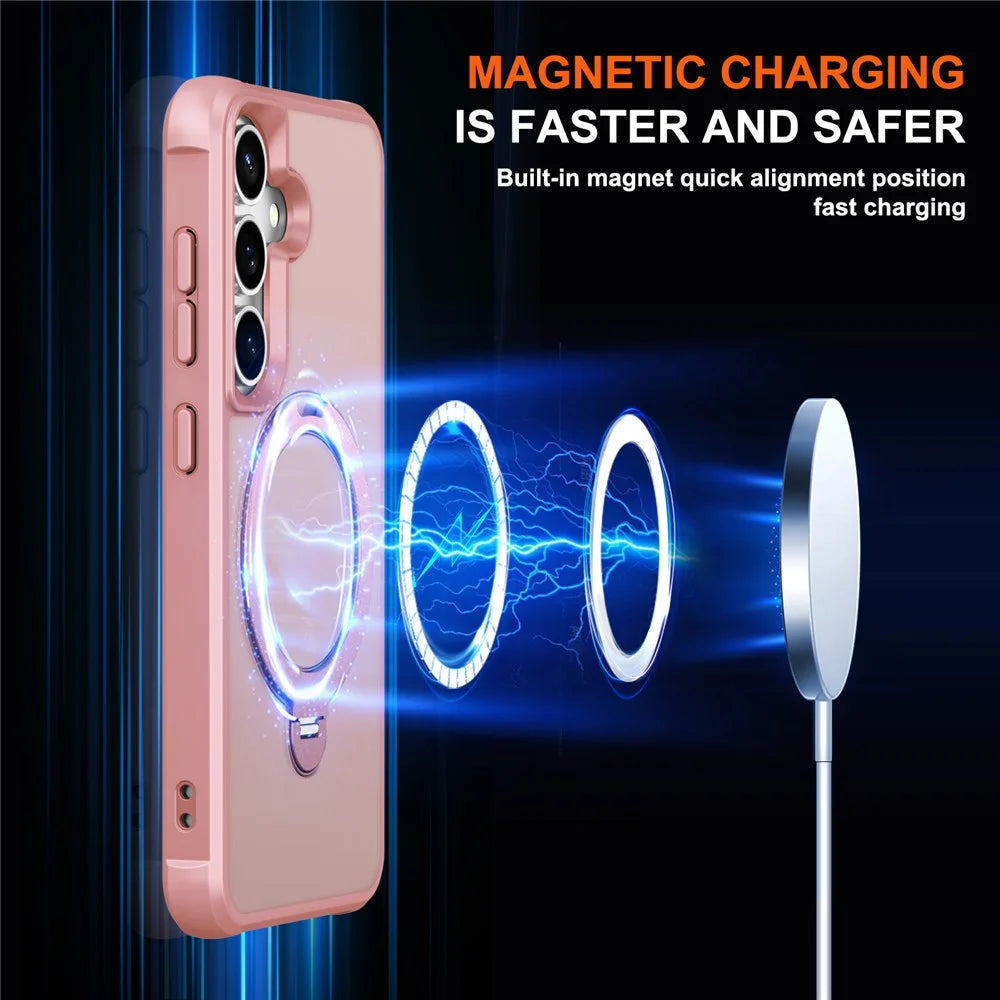 For Samsung Galaxy S25+ Magnetic Case Kickstand TPU PC Shockproof Phone Back Cover - Pink - 3