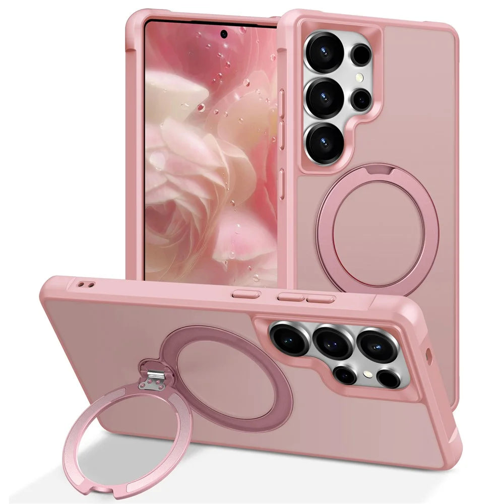 For Samsung Galaxy S25 Ultra Magnetic Case Kickstand TPU PC Shockproof Phone Back Cover - Pink - 1
