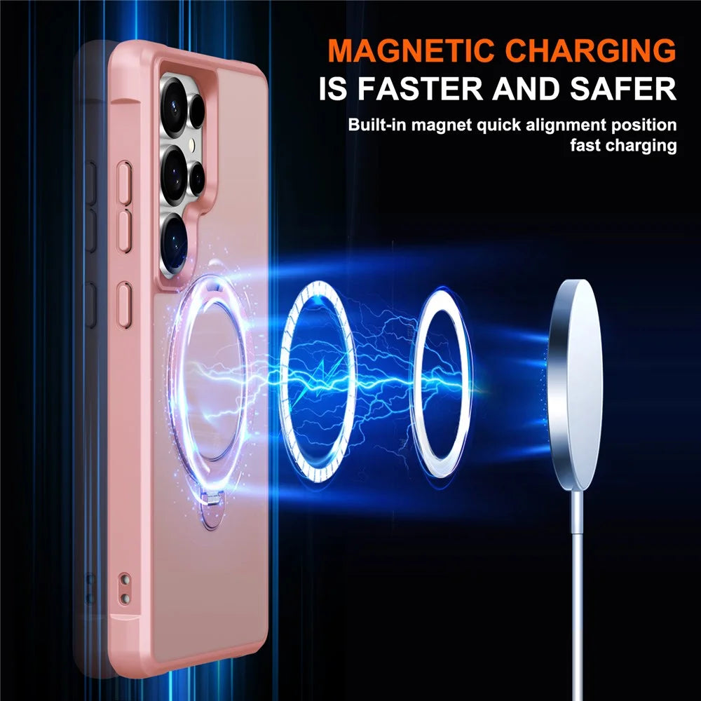 For Samsung Galaxy S25 Ultra Magnetic Case Kickstand TPU PC Shockproof Phone Back Cover - Pink - 3