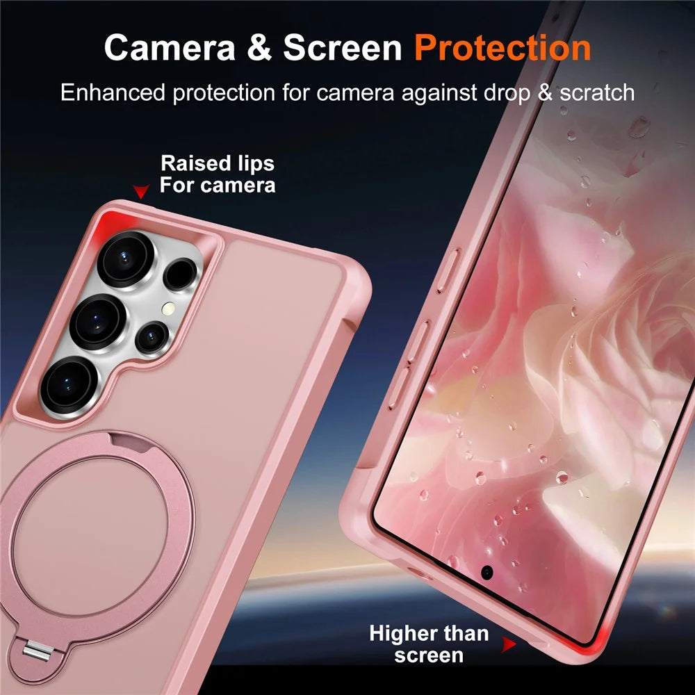 For Samsung Galaxy S25 Ultra Magnetic Case Kickstand TPU PC Shockproof Phone Back Cover - Pink - 6