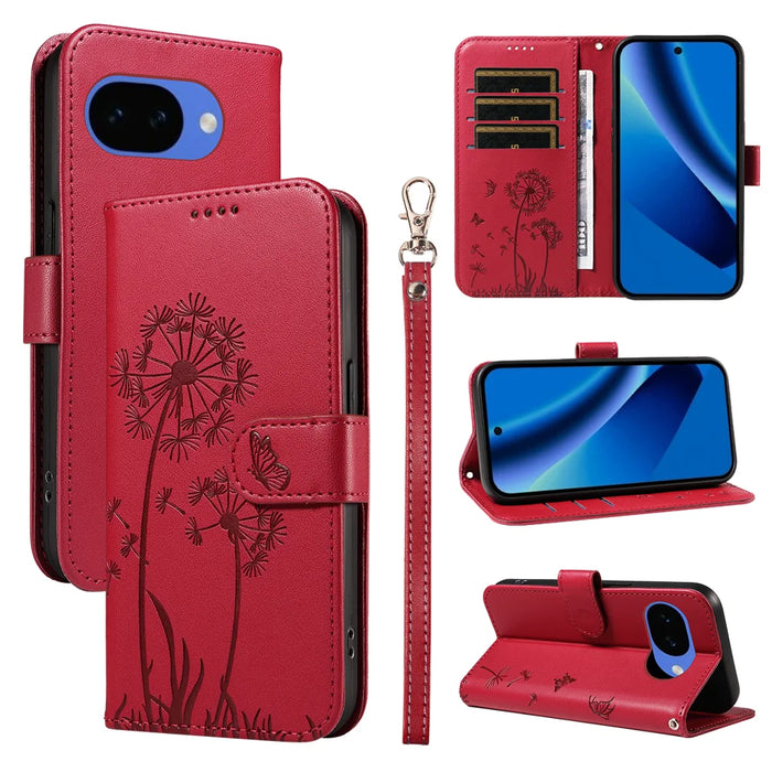 For Google Pixel 10a Leather Wallet Case with Strap Dandelion Imprint Phone Stand Cover - Red - 1