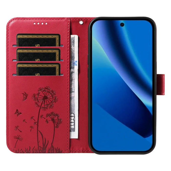 For Google Pixel 10a Leather Wallet Case with Strap Dandelion Imprint Phone Stand Cover - Red - 2