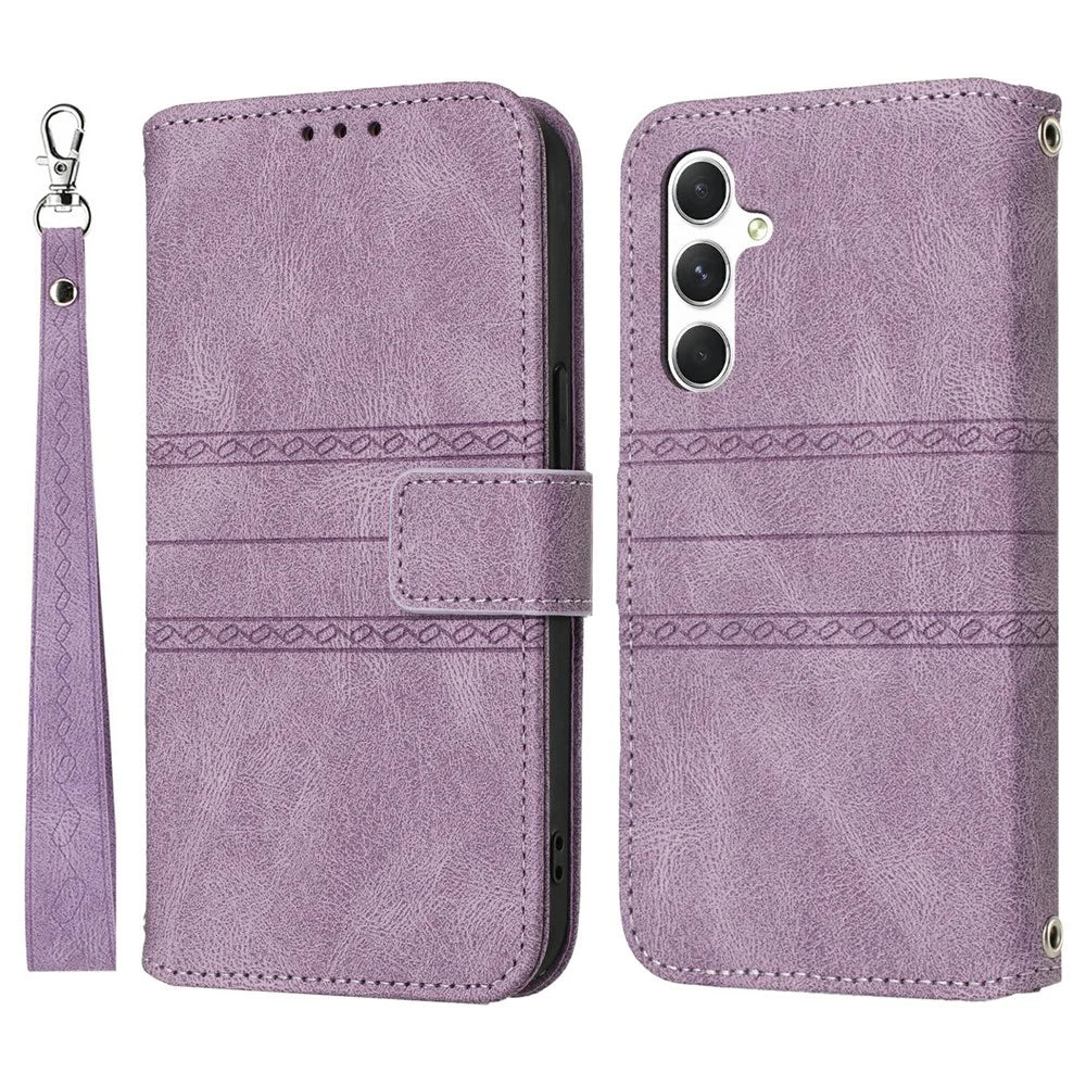 For Samsung Galaxy A57 5G Case Wallet Skin-Touch Leather Imprinted Phone Cover with Wrist Strap - Purple - 1