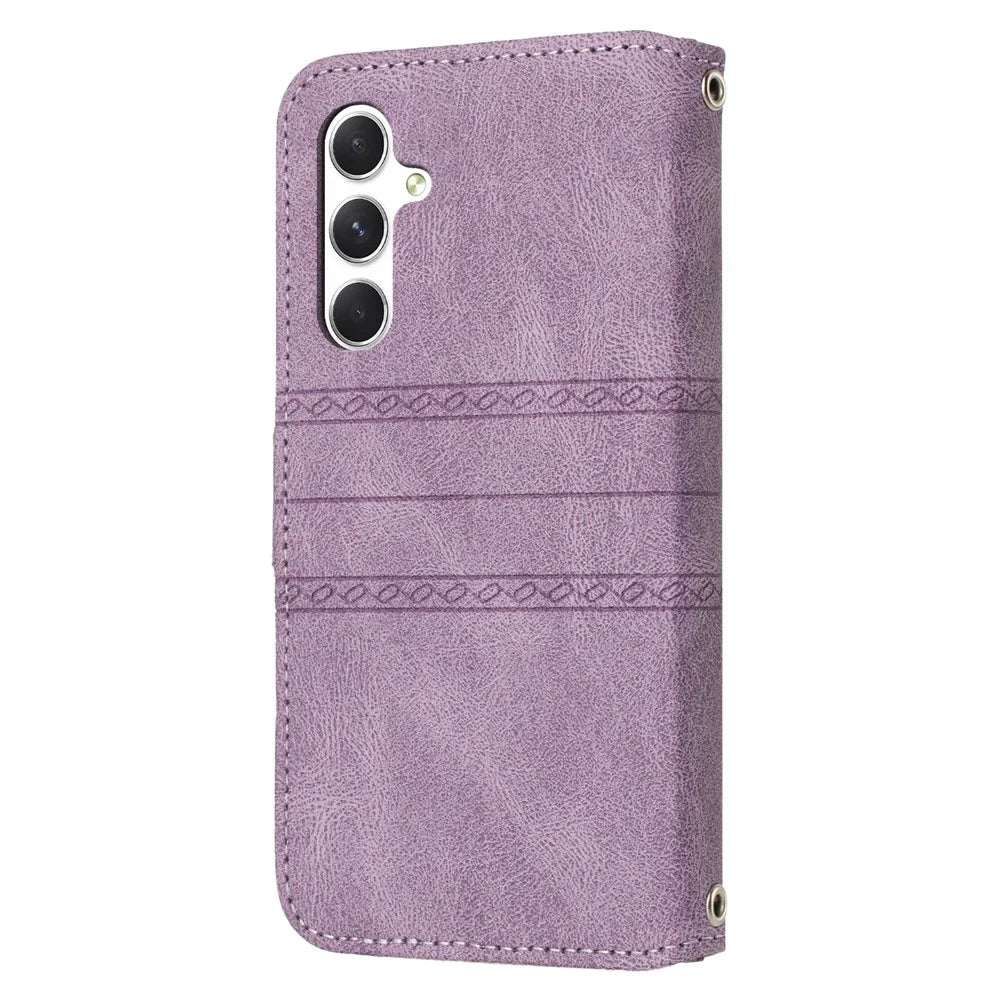 For Samsung Galaxy A57 5G Case Wallet Skin-Touch Leather Imprinted Phone Cover with Wrist Strap - Purple - 6