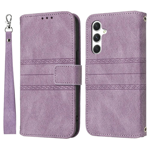 For Samsung Galaxy S26+ Case Wallet Skin-Touch Leather Imprinted Phone Cover with Wrist Strap - Purple - 1