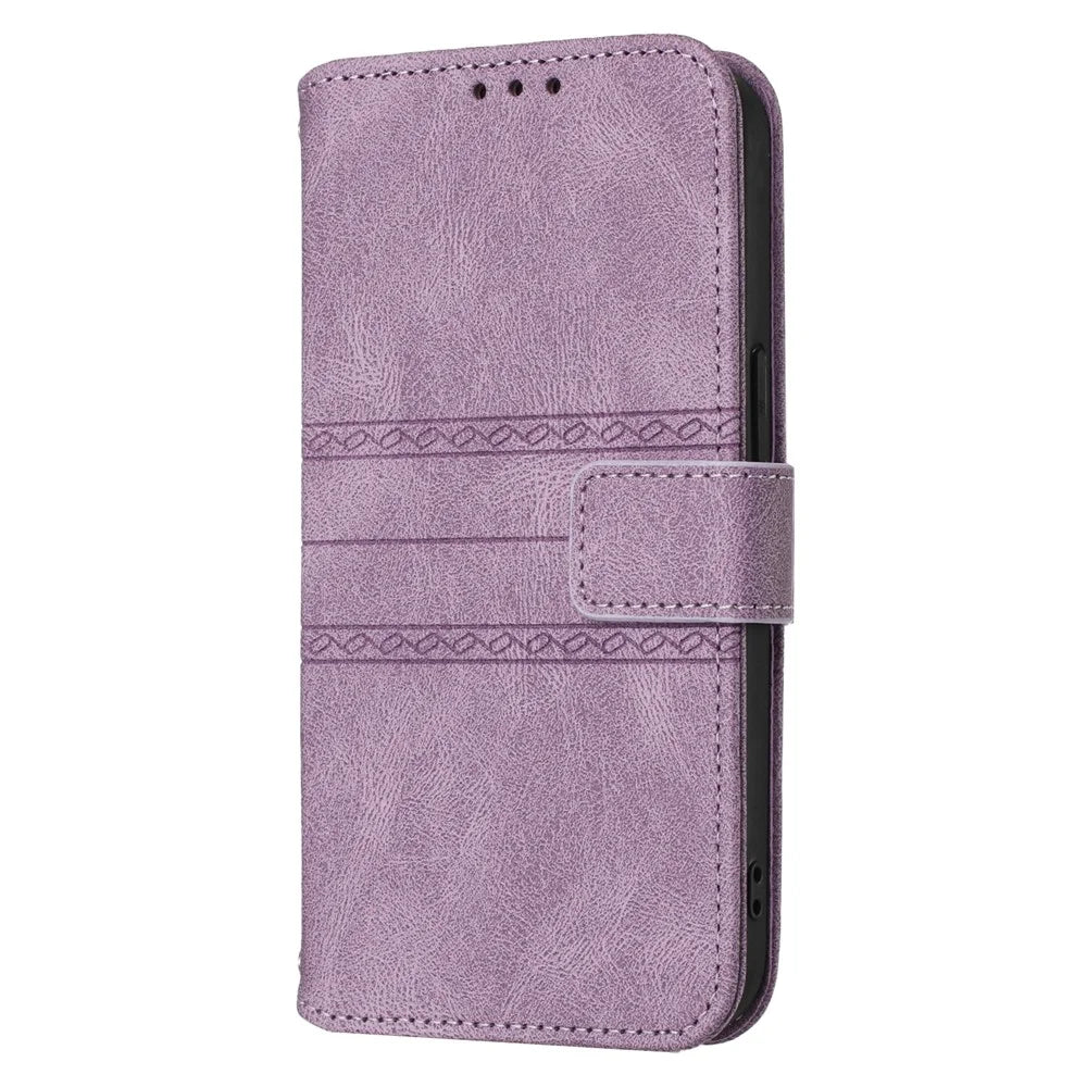 For Samsung Galaxy S26+ Case Wallet Skin-Touch Leather Imprinted Phone Cover with Wrist Strap - Purple - 5