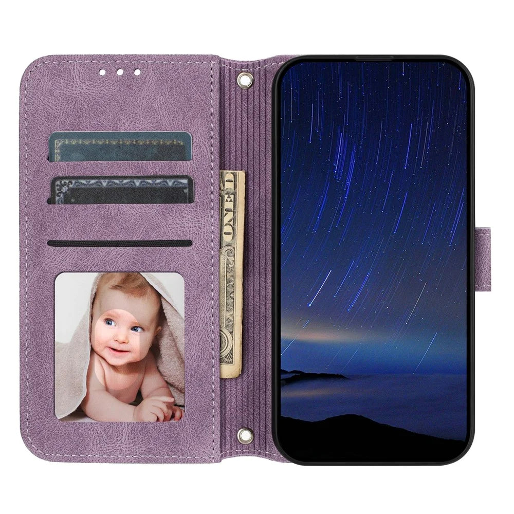 For Samsung Galaxy S26 Case Wallet Skin-Touch Leather Imprinted Phone Cover with Wrist Strap - Purple - 2