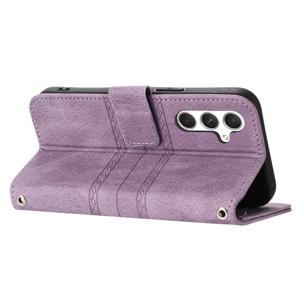 For Samsung Galaxy S26 Case Wallet Skin-Touch Leather Imprinted Phone Cover with Wrist Strap - Purple - 3