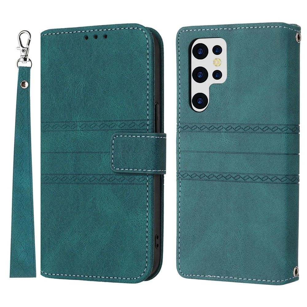 For Samsung Galaxy S26 Ultra Case Wallet Skin-Touch Leather Imprinted Phone Cover with Wrist Strap - Blackish Green - 1