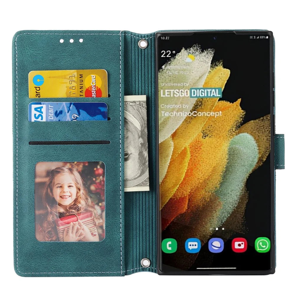 For Samsung Galaxy S26 Ultra Case Wallet Skin-Touch Leather Imprinted Phone Cover with Wrist Strap - Blackish Green - 2