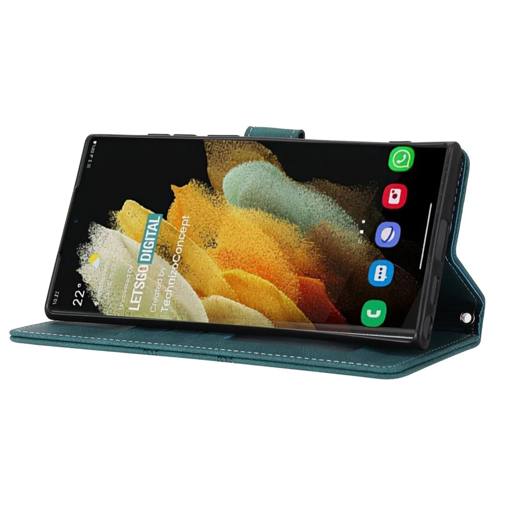 For Samsung Galaxy S26 Ultra Case Wallet Skin-Touch Leather Imprinted Phone Cover with Wrist Strap - Blackish Green - 3