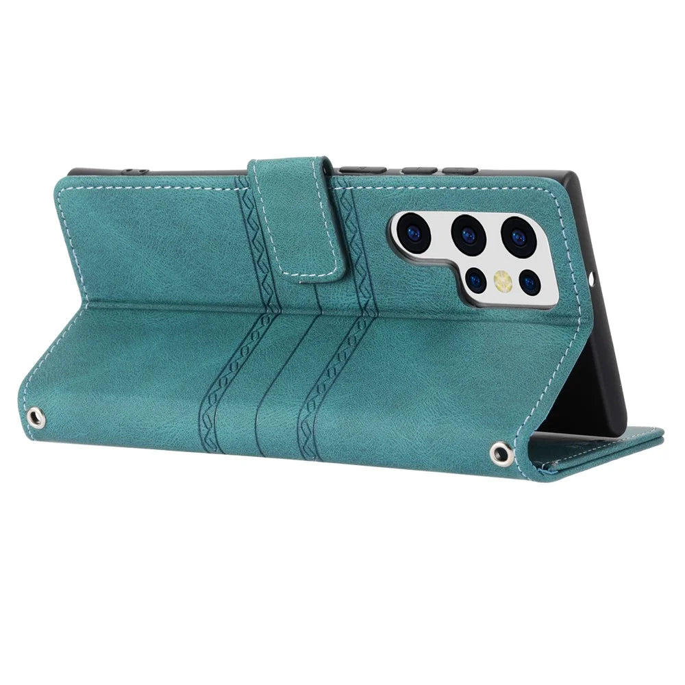 For Samsung Galaxy S26 Ultra Case Wallet Skin-Touch Leather Imprinted Phone Cover with Wrist Strap - Blackish Green - 4