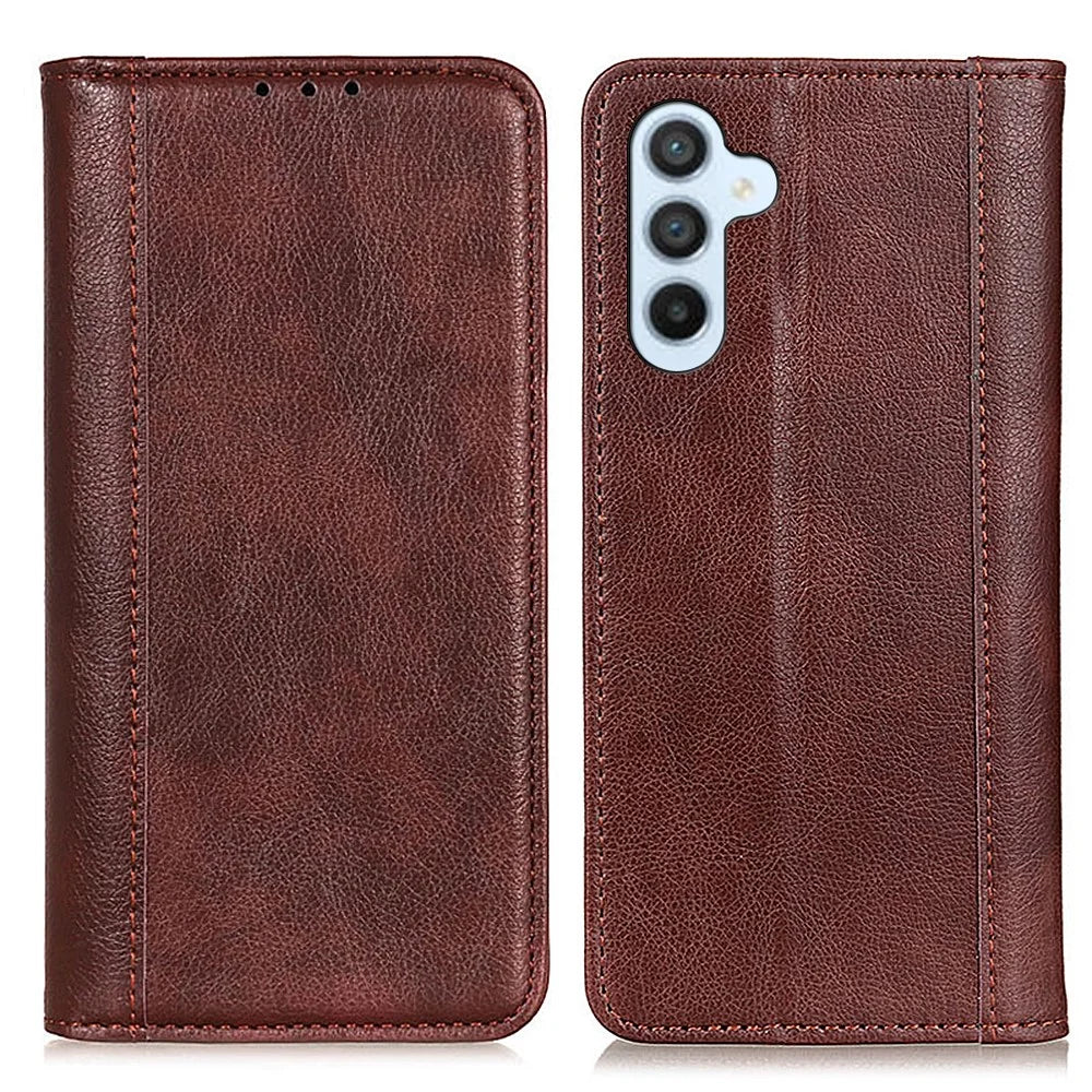 For Samsung Galaxy A37 5G Stand Case Split Leather Litchi Texture Wallet Phone Cover - Brown - 1