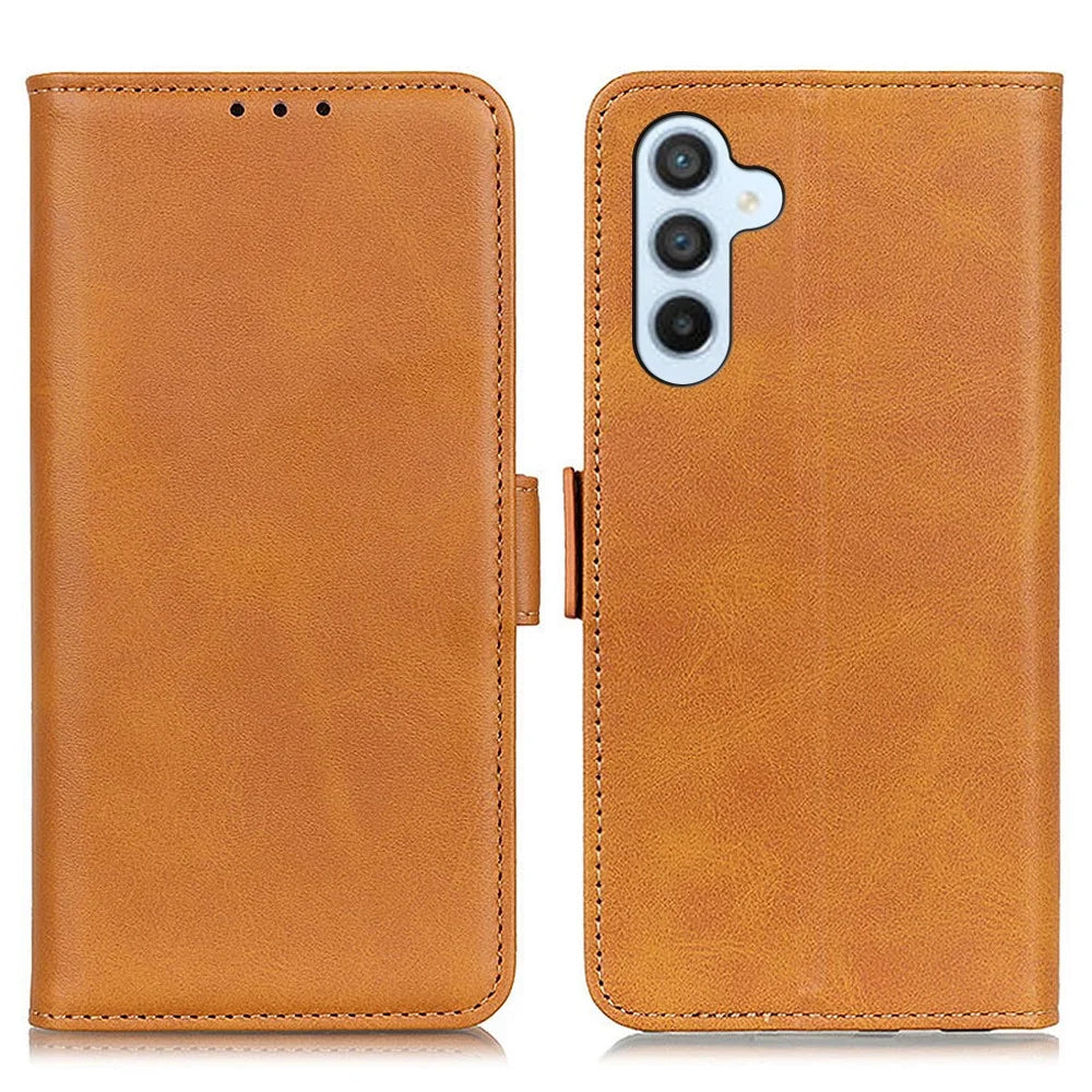For Samsung Galaxy A57 5G Case Stand Cowhide Texture PU Leather Phone Cover - Yellow - 1