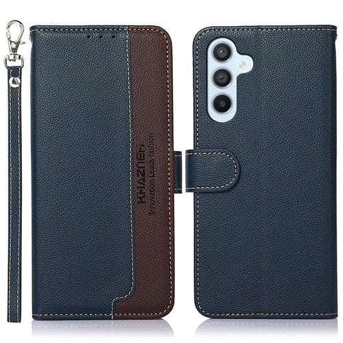 KHAZNEH For Samsung Galaxy A37 5G Case RFID Blocking Wallet Litchi Texture PU Leather Phone Cover with Strap - Blue - 1