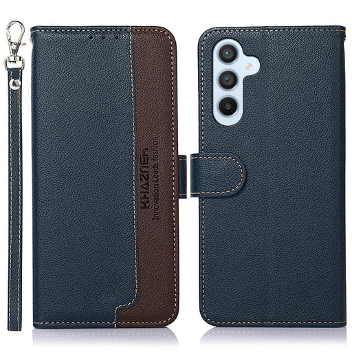 KHAZNEH For Samsung Galaxy A37 5G Case RFID Blocking Wallet Litchi Texture PU Leather Phone Cover with Strap - Blue - 1
