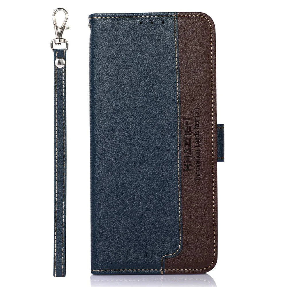 KHAZNEH For Samsung Galaxy A37 5G Case RFID Blocking Wallet Litchi Texture PU Leather Phone Cover with Strap - Blue - 6