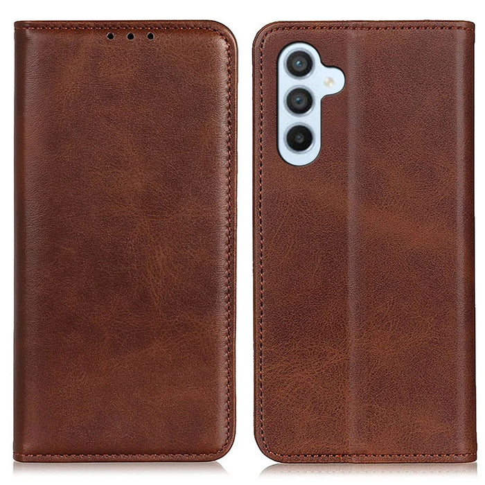 For Samsung Galaxy A37 5G Case Cowhide Texture Split Leather Flip Wallet Phone Cover - Coffee - 1