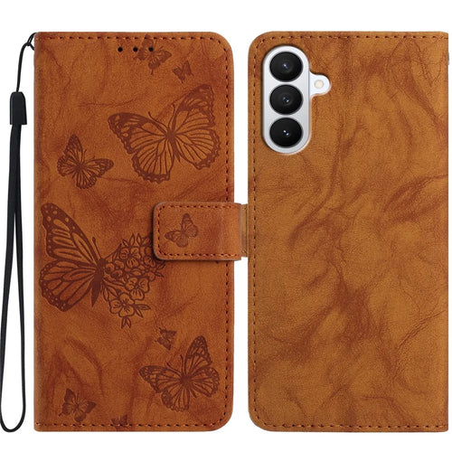 For Samsung Galaxy S26 Leather Case Butterfly Flower Imprinted Wallet Stand Flip Phone Cover with Wrist Strap - Brown - 1