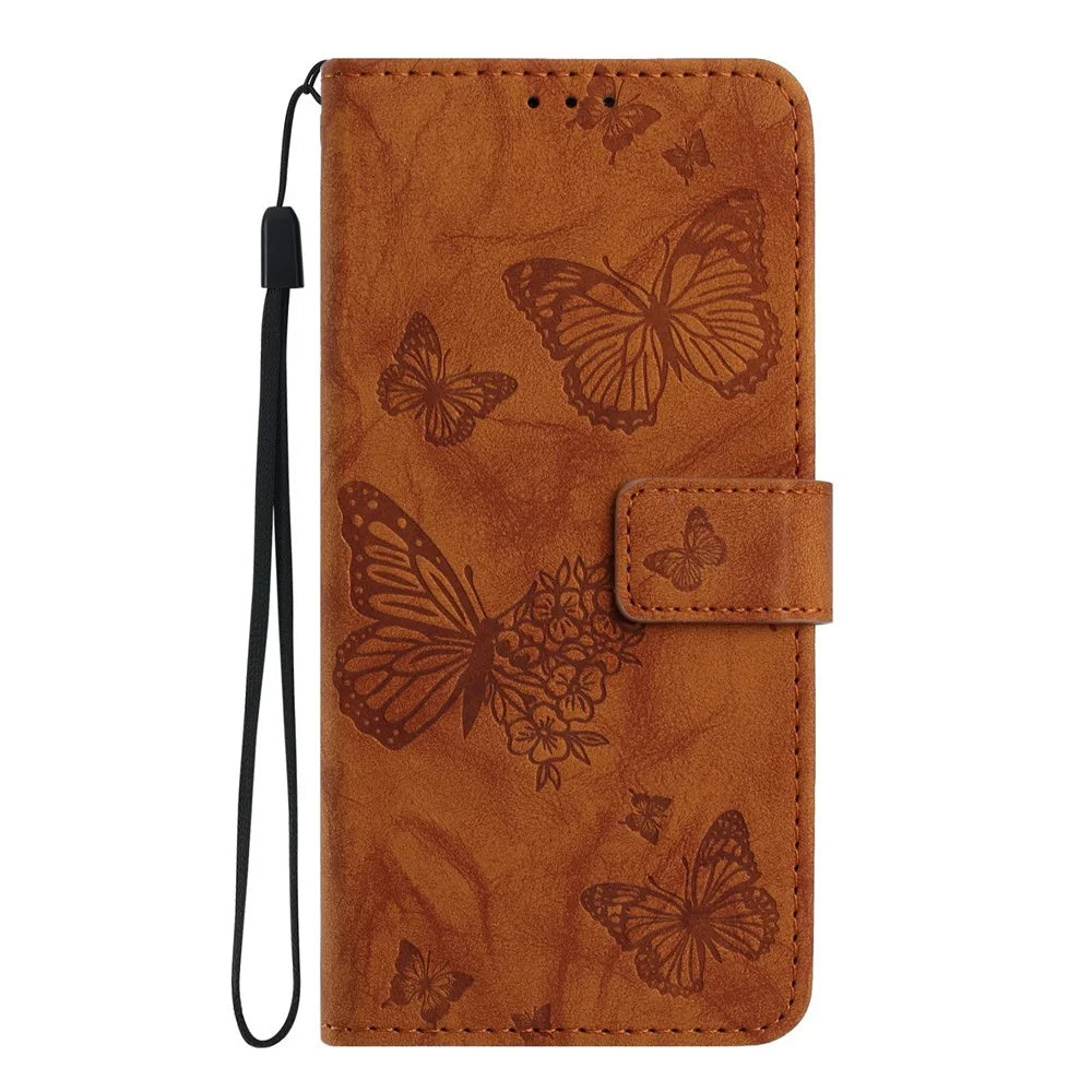 For Samsung Galaxy S26 Leather Case Butterfly Flower Imprinted Wallet Stand Flip Phone Cover with Wrist Strap - Brown - 5