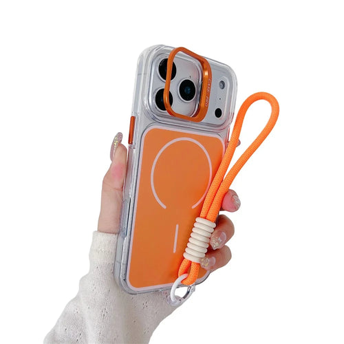 For iPhone  18 Pro / 17  Pro Case Compatible with MagSafe Lens Kickstand TPU Acrylic Phone Cover with Matching Hand Strap - Orange - 1