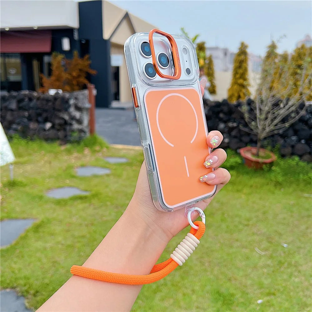For iPhone  18 Pro / 17  Pro Case Compatible with MagSafe Lens Kickstand TPU Acrylic Phone Cover with Matching Hand Strap - Orange - 2