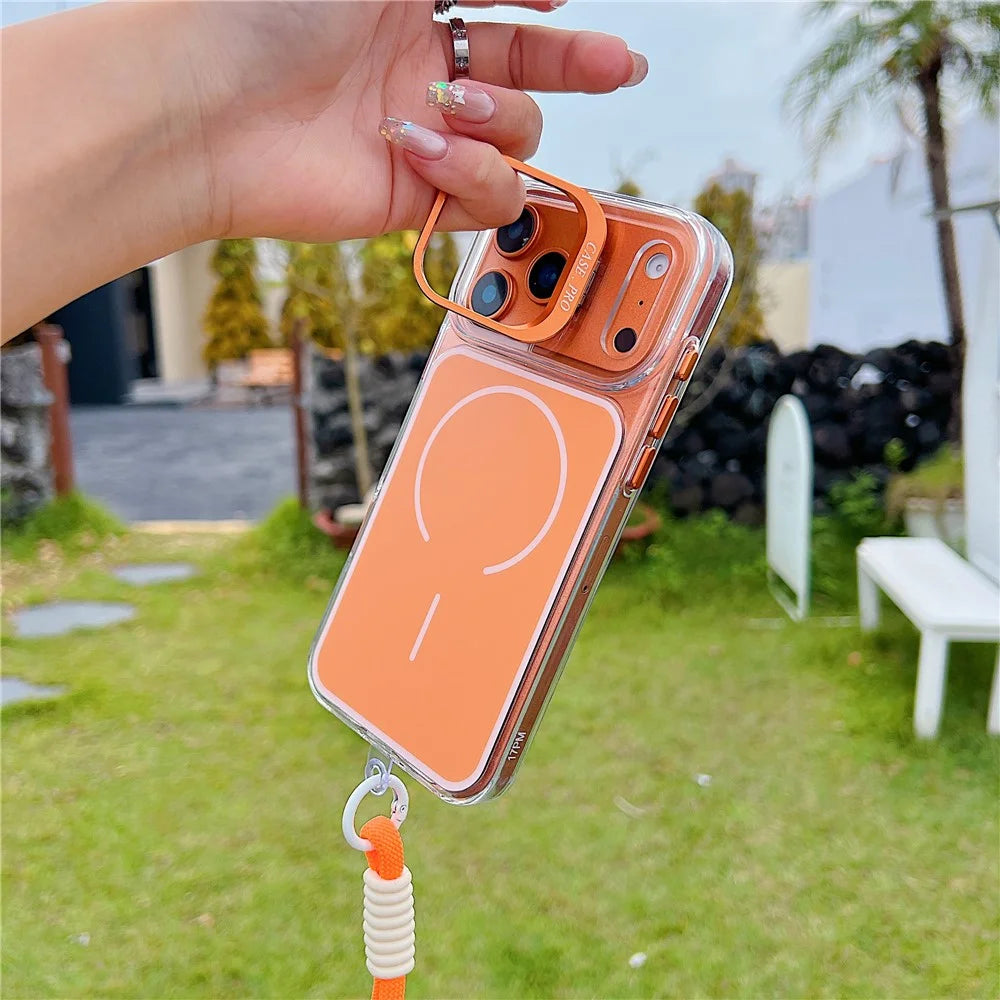 For iPhone  18 Pro / 17  Pro Case Compatible with MagSafe Lens Kickstand TPU Acrylic Phone Cover with Matching Hand Strap - Orange - 5