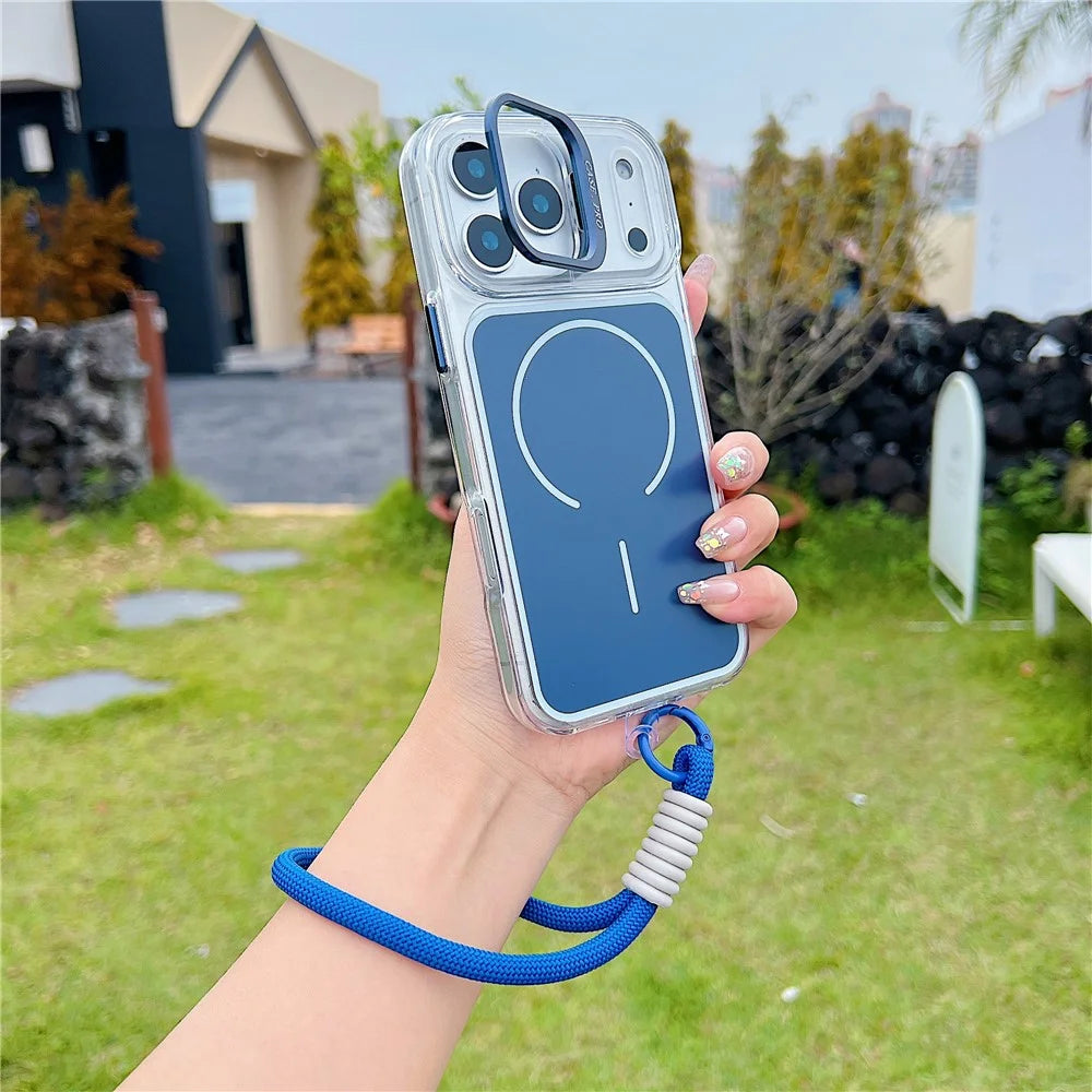 For iPhone 17 Pro Max Case Compatible with MagSafe Lens Kickstand TPU Acrylic Phone Cover with Matching Hand Strap - Blue - 3