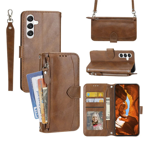 For Samsung Galaxy A37 5G Case Zipper Pocket Leather Phone Cover with Crossbody Shoulder Strap - Brown - 1