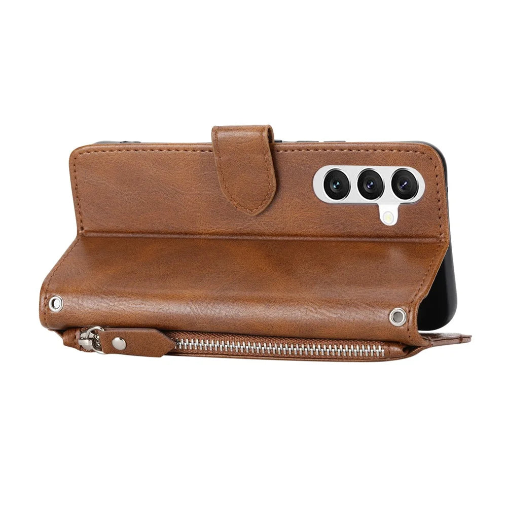 For Samsung Galaxy A37 5G Case Zipper Pocket Leather Phone Cover with Crossbody Shoulder Strap - Brown - 4