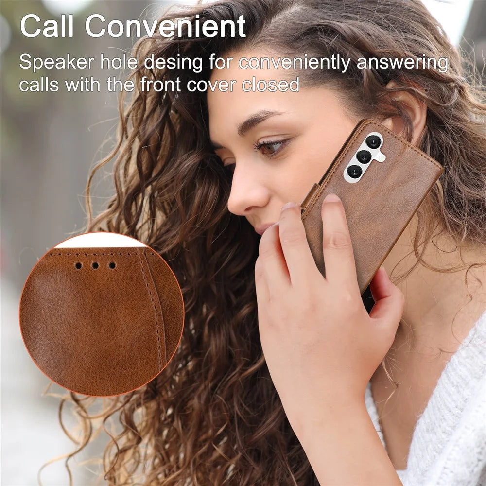 For Samsung Galaxy A37 5G Case Zipper Pocket Leather Phone Cover with Crossbody Shoulder Strap - Brown - 6