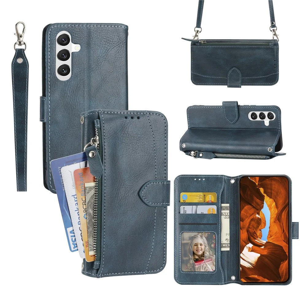 For Samsung Galaxy A57 5G Case Zipper Pocket Leather Phone Cover with Crossbody Shoulder Strap - Blackish Green - 1