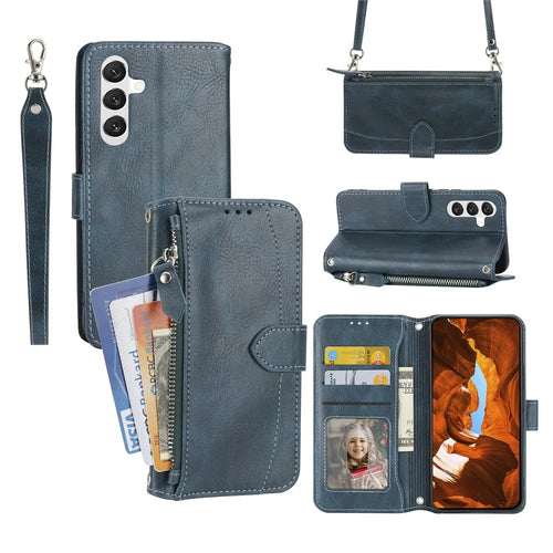 For Samsung Galaxy A57 5G Case Zipper Pocket Leather Phone Cover with Crossbody Shoulder Strap - Blackish Green - 1
