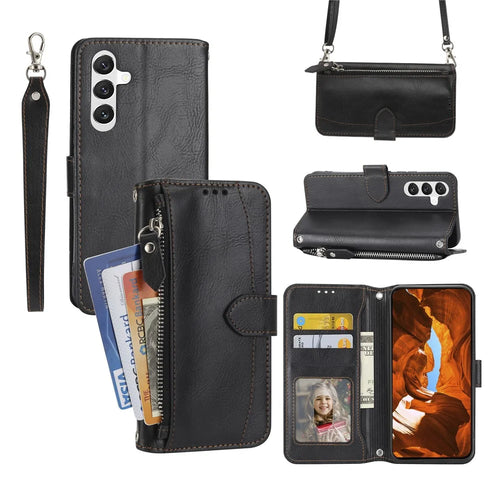 For Samsung Galaxy S26+ Case Zipper Pocket Leather Phone Cover with Crossbody Shoulder Strap - Black - 1