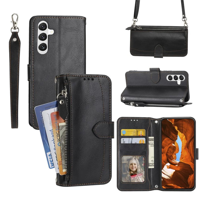 For Samsung Galaxy S26+ Case Zipper Pocket Leather Phone Cover with Crossbody Shoulder Strap - Black - 1