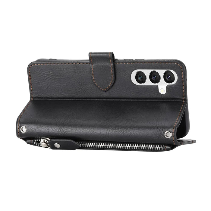 For Samsung Galaxy S26+ Case Zipper Pocket Leather Phone Cover with Crossbody Shoulder Strap - Black - 4